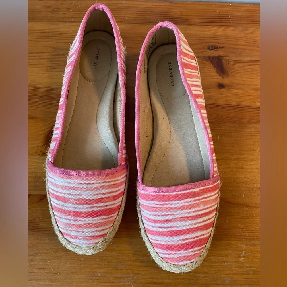 Lands End, women’s 7, pink and white stripe canvas espadrille flats like new